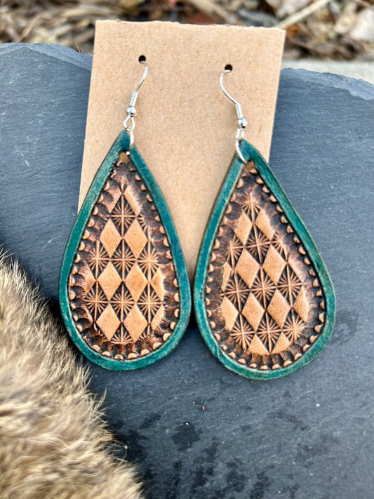Turquoise Bloom Earrings – Tooled Leather Teardrops