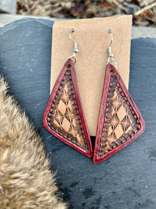 Frontier Garnet – Red Tooled Leather Triangle Earrings