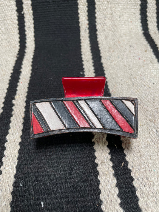 Red, Black, and White Striped - Tooled Leather Claw Clip