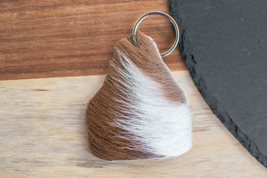 Brown and White Cow Tag Cowhide Keychain