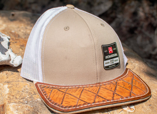 Tan Hat with Basketweave Tooled Leather Bill