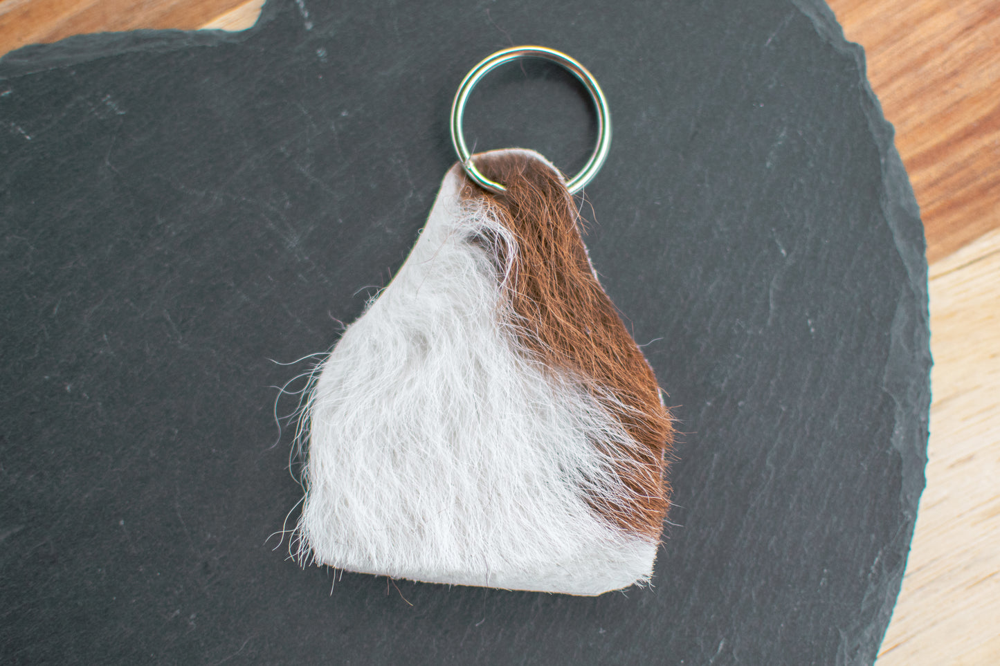 Brown and White Cow Tag Cowhide Keychain