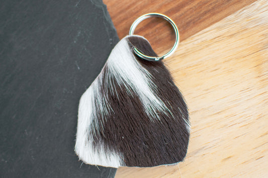 Brown and White Cow Tag Cowhide Keychain
