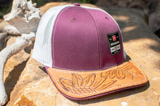 Maroon Hat with Sunflower Tooled Leather Bill