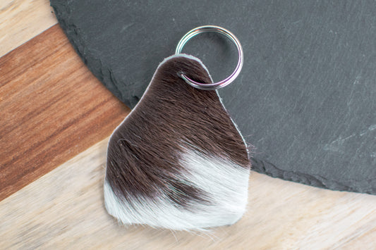 Brown and White Cow Tag Cowhide Keychain