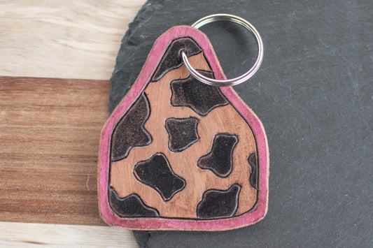 Pink and Cow Print Tooled Leather Cow Tag Keychain
